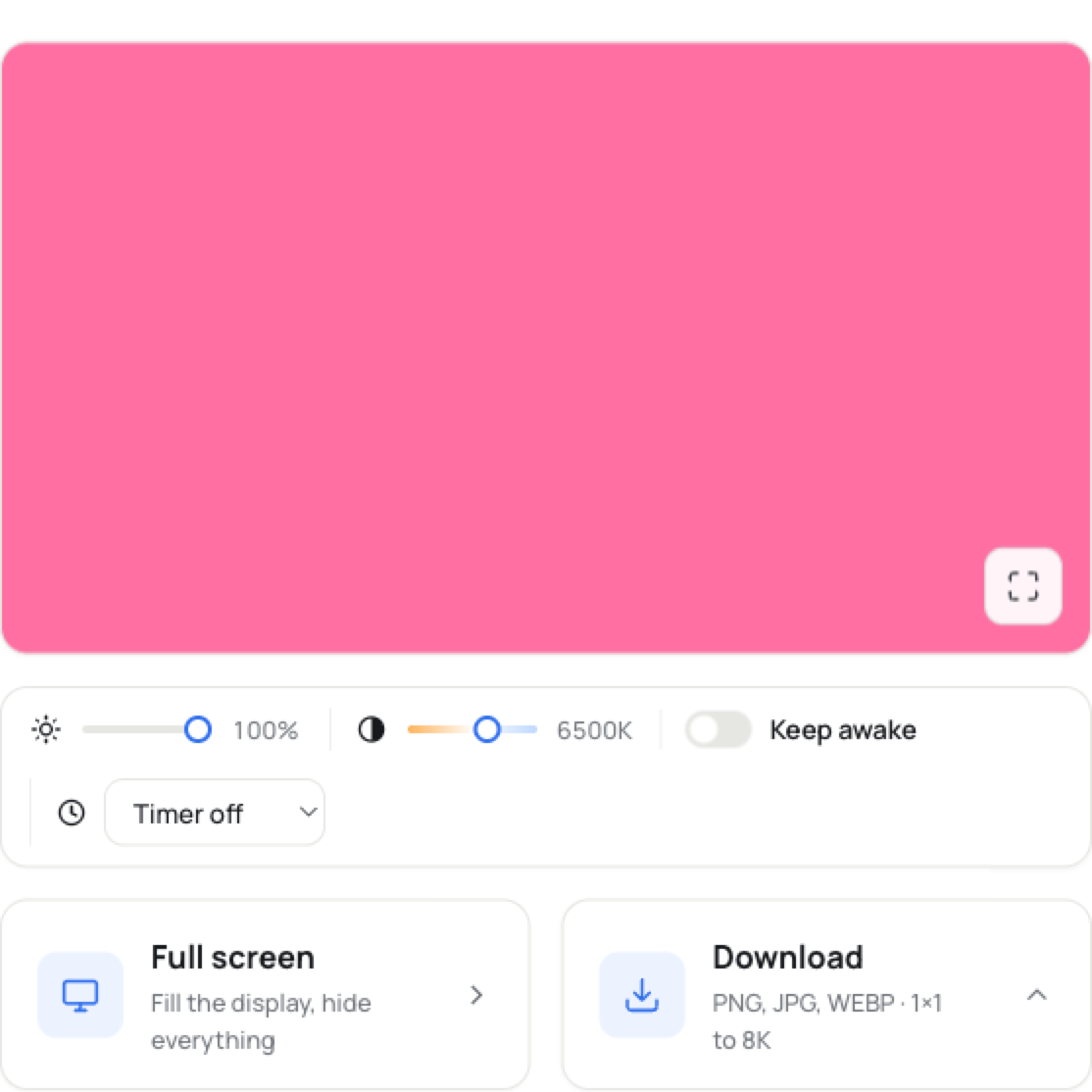 The ScreenWhite tool on the pink screen page: a pink preview panel with a fullscreen button in its corner, a control bar below it showing brightness at 100%, colour temperature at 6500K and a Keep awake switch, and Full screen and Download buttons underneath.